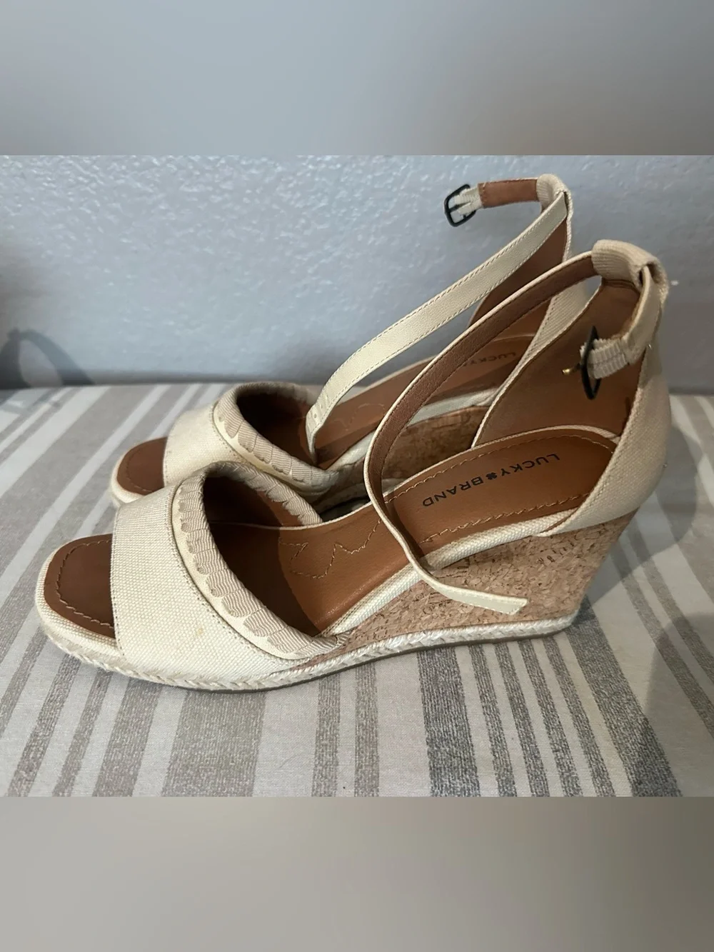 Lucky Brand Cream Canvas Cork Wedge Sandals